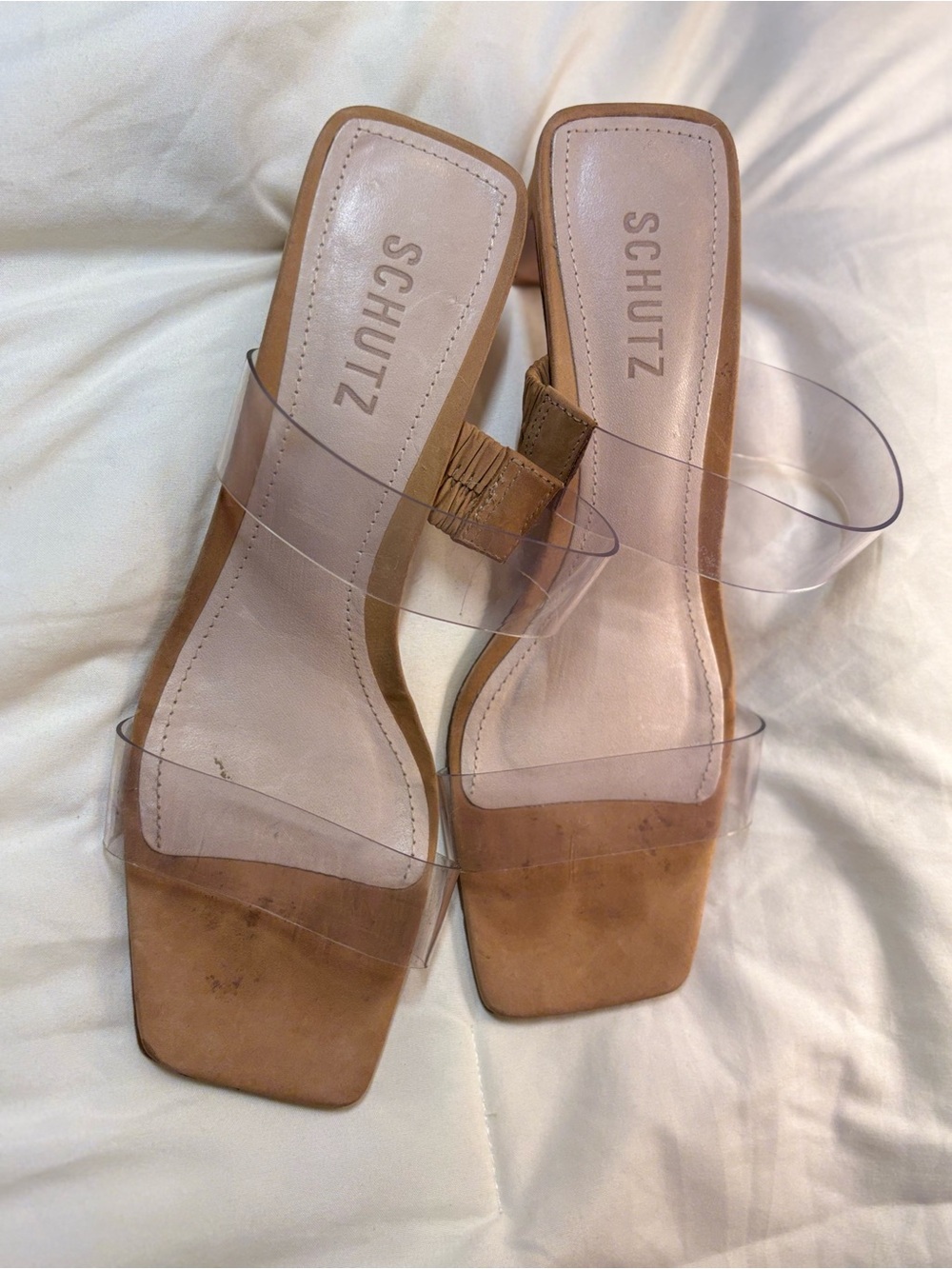 SCHUTZ Clear Strap Tan Slide Heels with Leather Sole
